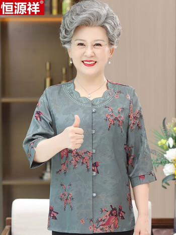 恒源祥中老年人夏装女含真丝衬衫妈妈装中袖套装60岁70老人衣服奶奶装