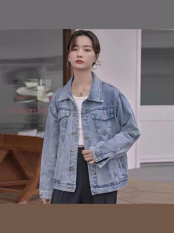 2023春秋牛仔外套女宽松显瘦胖m牛仔衣牛仔褂百搭夹克潮浅蓝色牛仔s斤
