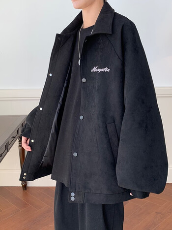 维斯先森麂皮绒外套男春秋季情侣翻领复古工装小众设计感棒球休闲衣服