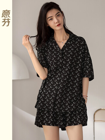 意芬睡衣女夏季短袖短裤2022年新款夏天薄款可外穿出门宽松家居雅黑xl