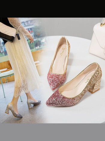 映雯银色婚鞋水晶高跟鞋女粗跟法式伴娘鞋渐变亮片宴会礼服单鞋舒适软