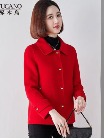 啄木鸟双面羊绒大衣女外套短款毛呢羊毛秋冬季新款中年羊绒上衣服女