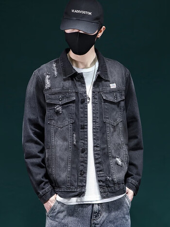 prato lee牛仔外套男宽松大码牛仔夹克男士秋装男潮流休闲牛仔衣男生