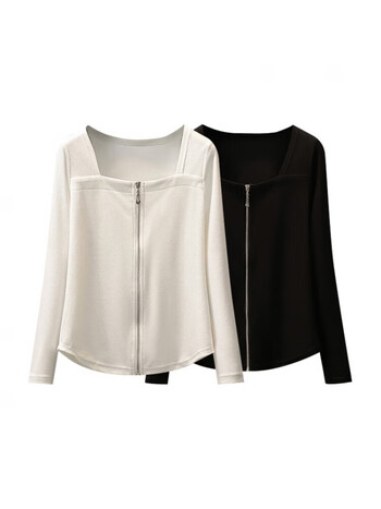 yoyoclub女装法式方领长袖t恤初秋新款胖显瘦拉链开衫上衣 黑色 2xl