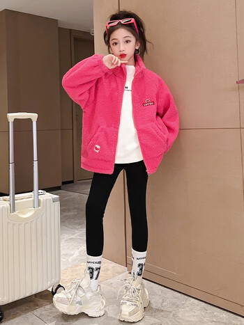 恒孞女童毛毛衣外套秋冬装新款中大童女孩子羊羔绒洋气加厚冬季上衣