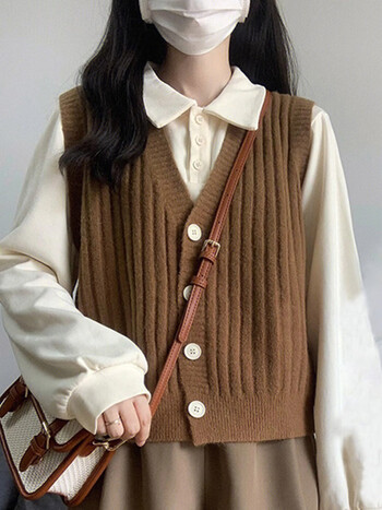 名品天成毛衣马甲女秋冬复古日系v领针织开衫女咖色背心毛衣外套叠穿