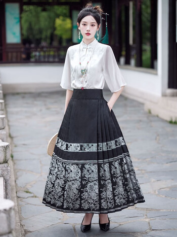 倾卿日常新中式汉服成人女装改良盘扣复古国风织金刺绣提花上衣马面裙