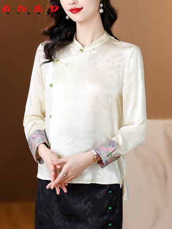 aned新中式真丝提花缎面衬衫女春季2024新款国风女装小衫长袖上衣春秋