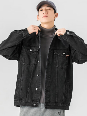 外套男黑色秋秋季宽松潮外穿秋秋长袖大码牛仔衣夹克j5700洗水黑180xl