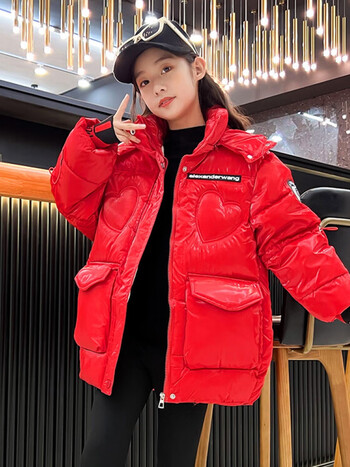 中大童羽绒棉服亮皮免洗加厚外套宽松冬季韩版中长款儿童棉袄 红色