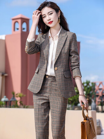 樱芭妮格子西装套装女春秋季时尚气质工作服高端职业正装休闲小西服