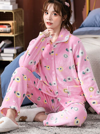 睡衣女冬季加绒加厚法兰绒保暖套装珊瑚绒秋冬季可外穿两件套粉色小花