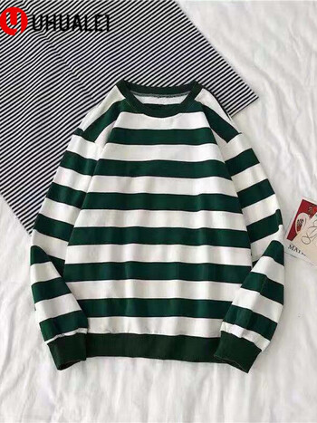 条纹卫衣男学生韩版潮流宽松长袖情侣嘻哈装男生衣服sn5t1 绿白条纹