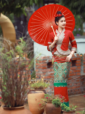 沙芭利传统傣族服装经典傣泐款红色婚服东南亚风情服饰少数民族演出服