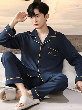 晨素妆睡衣男士春秋季长袖纯棉开衫青年休闲翻领简约男可外穿家居服