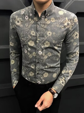 狄帝鲨didisha花衬衫高端长袖男四季新款印花上衣修身痞帅休闲百搭