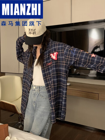 棉致森马集团美式百搭港味宽松长袖衬衣外套格子衬衫女春季复古薄款防