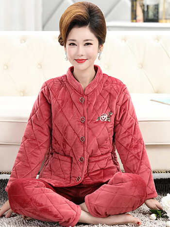 莫代尔春秋季中老年人睡衣2023年新款舒适贝贝绒夹棉长袖家居服套装大