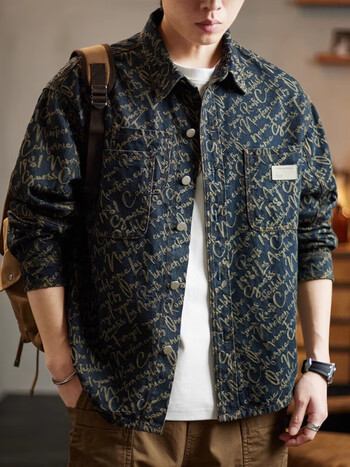 骆驼美式复古高端提花牛仔衬衫男士春季新款潮牌工装外套衬衣长袖男装