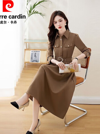 女装感法式优雅中长款收腰裙子气质显瘦长袖衬衫连品牌旗舰卡其色