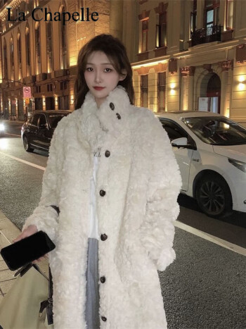 拉夏贝尔lachapelle羊羔毛外套女长款大衣过膝设计感财阀家族仿兔绒