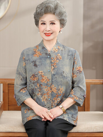 荨积老年人夏装女衬衫老人衣服妈妈装洋气七分袖奶奶老太太夏季上衣