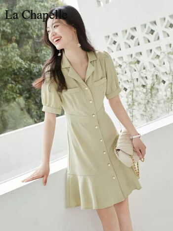 西装连衣裙女2024年夏季新款优雅收腰显瘦中长款短袖裙子女抹茶色m