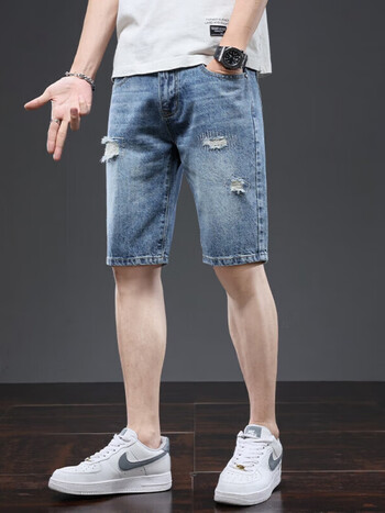 优衣裤官方旗舰店破洞牛仔短裤男2024年春季薄款百搭五分裤子蓝色272