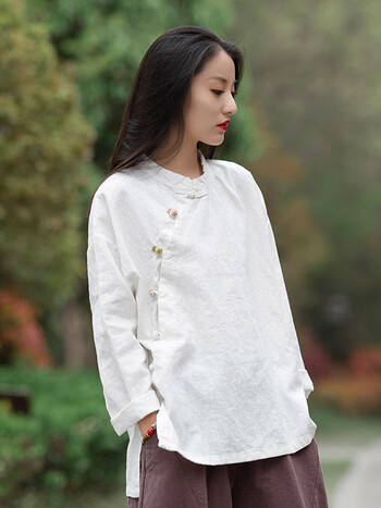 挽鹤2024春夏新款棉麻女装复古立领偏襟拼色砂洗盘扣上衣长袖女式衬衫