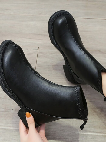 yrer顺丰配送软皮短靴女2024春秋新款靴子韩版后拉链英伦风马丁靴黑色