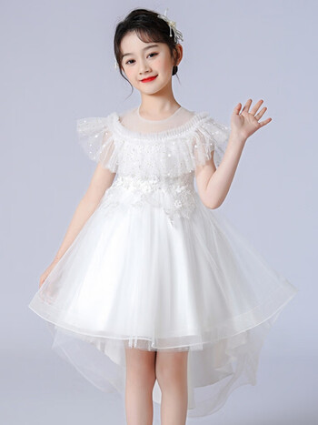 女童婚纱礼服拖尾燕尾服主持人礼服婚纱礼服晚礼服学生演出服六一白色