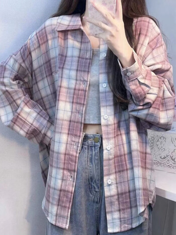 莫代尔香芋紫色格子衬衫女2024春季新款学生宽松休闲显瘦开衫外套上衣