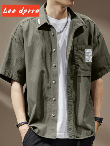 leedprre短袖衬衫男夏季美式高级感黑色薄款宽松纯棉休闲上衣工装衬衣