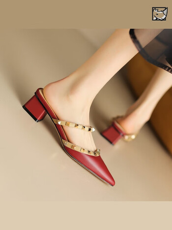 犀牛品尚夏季新款红色粗跟凉鞋女尖头高跟鞋包头白色女鞋子铆钉红色34