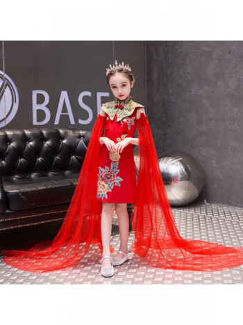 沁勒北尼女童晚礼服公主裙儿童高端气质红色国潮模特走秀中国风古筝