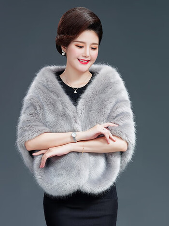 皮草披肩女秋冬旗袍外披婚礼服喜婆婆宴会敬酒外搭高端贵加厚 浅灰色