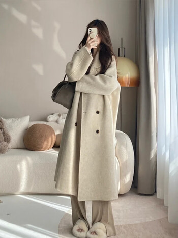 大衣女加厚2022秋冬高个子超长款加长版到脚踝毛呢外套燕麦色中长版xl