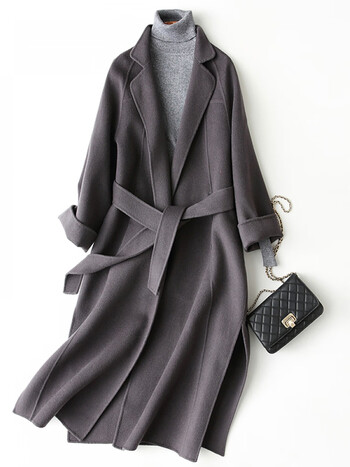 大衣女双面绒尼子长款过膝宽松感2022秋冬新款呢子外套妮子铁灰羊毛