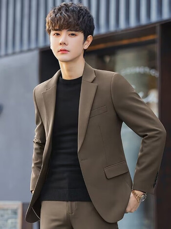 痞帅小西装男士商务韩版潮流帅气休闲修身纯色百搭西服外套男 棕色 m