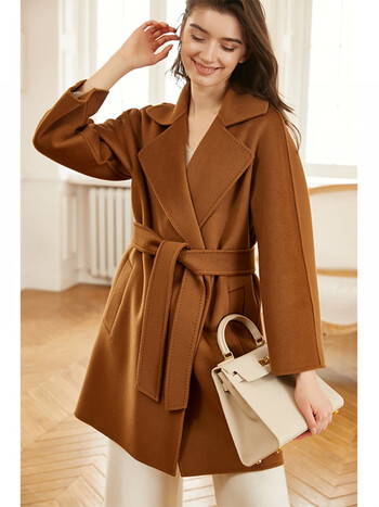 皮尔卡丹轻奢高档品牌女装riz金驼色100绒双面羊绒大衣女中长款高端水