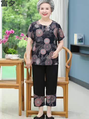 富夕奶奶装夏装冰丝套装60岁70中老年人女装夏季妈妈两件套老人衣服