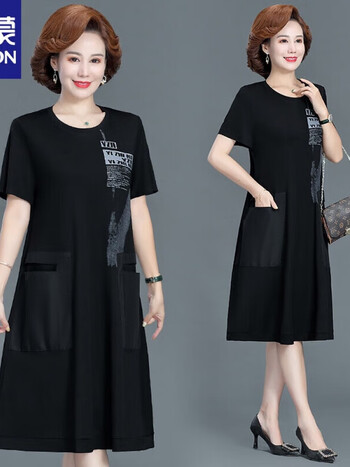 连衣裙中老年人女装夏季时尚洋气宽松长裙子中年夏装黑色m适合100斤