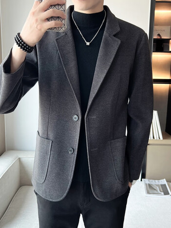 微胖男生显瘦套装秋冬季毛呢小西装西服套装外套男帅气潮牌呢子休闲