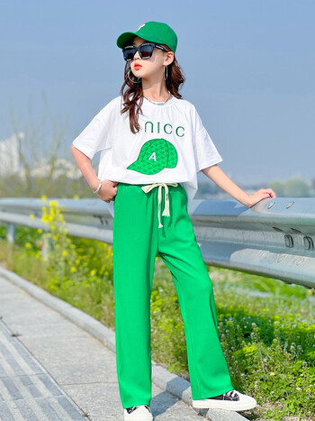 儿童时髦洋气阔腿裤中大童短袖夏装休闲运动女孩衣服两件套9绿色150码
