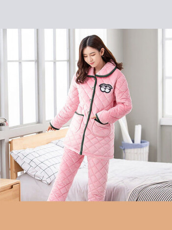棉衣冬季三层加厚加绒珊瑚绒夹棉睡衣女冬家居服套装两件套加大码棉