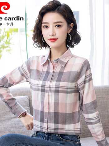 皮尔卡丹官方高档品牌女装格子衬衫女春秋2022年新款初春秋薄款上衣