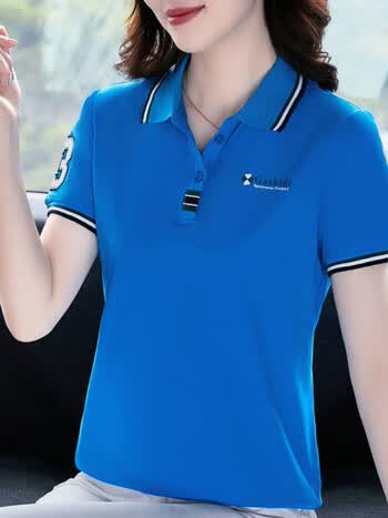 t恤中年妈妈翻领休闲polo衫短袖宽松大码有领上衣女湖蓝色xl建议1101