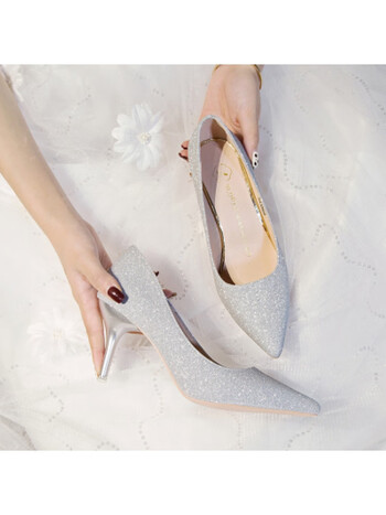 srsoo浅色高跟鞋女粗跟银色主纱结婚鞋子新娘水晶拍婚纱照用的中跟单