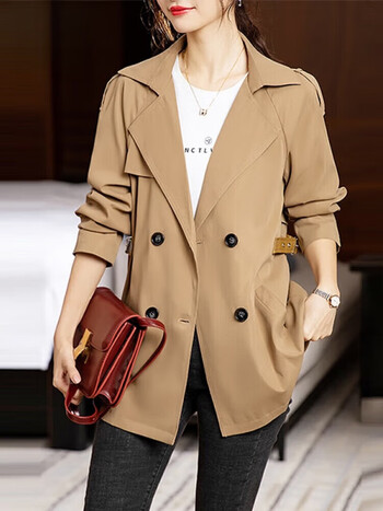 北极绒新款短外套女2024春季时尚女装简约气质收腰通勤双排扣风衣外套