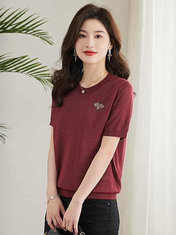 23年桑蚕丝短袖t恤女大l码刺绣圆领上衣女宽松缕空女冰l丝酒红色m